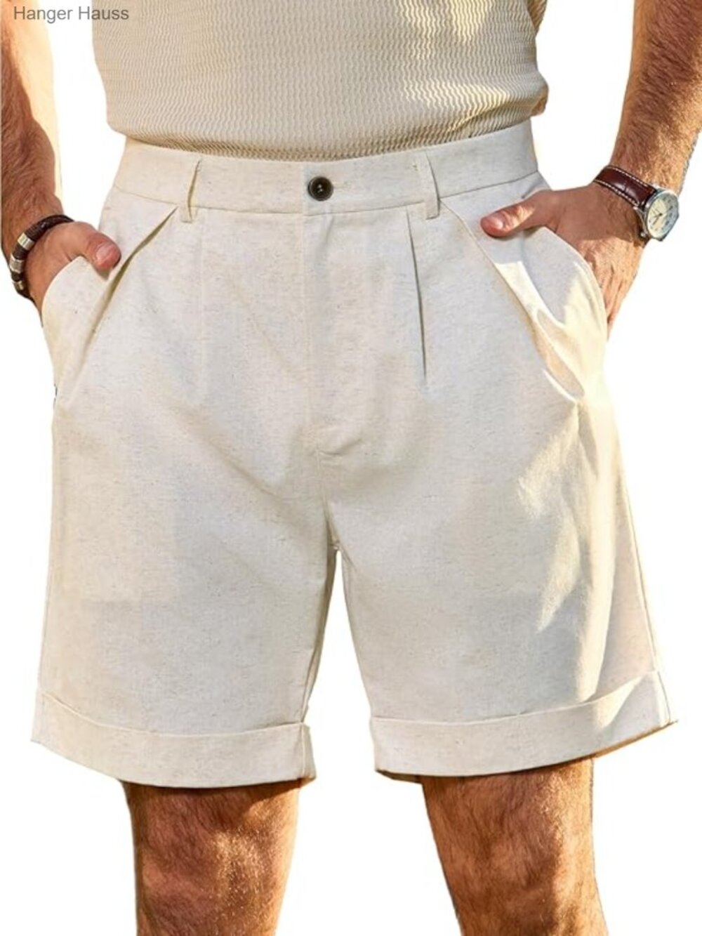 Men's Cotton Linen Pleated Summer Vacation Shorts 7.5"